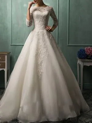 A-line Bateau Neck 3/4-Length Sleeves Floor-length Tulle Wedding Dress With Lace