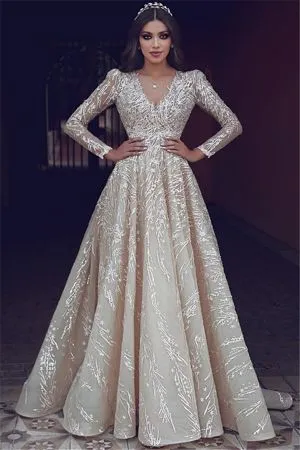 A-line V-neck Long Sleeves Sweep / Brush Train Wedding Gown With Appliques