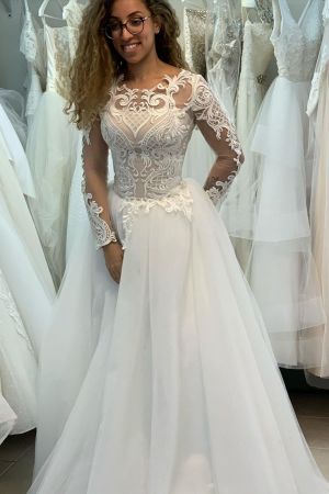 A-line Bateau Neck Long Sleeves Sweep / Brush Train Lace Bridal Gown With Lace