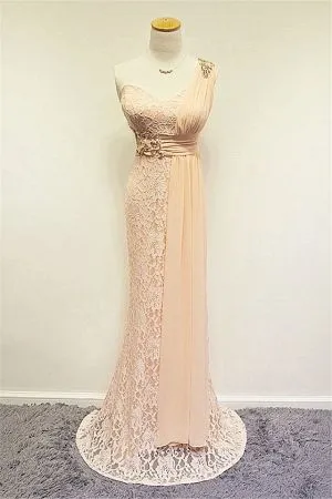 A-line One Shoulder Sleeveless Floor-length Evening Gown With Lace