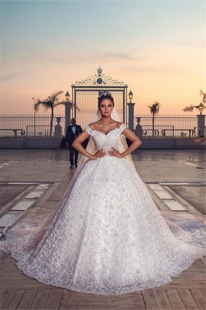 Ball Gown Off-the-shoulder Sleeveless Sweep / Brush Train Wedding Gown With Appliques