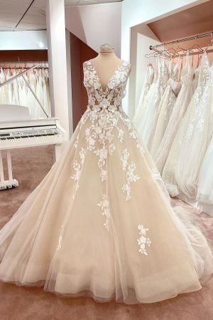 A-line V-neck Sleeveless Court Train Tulle Bridal Dress With Lace
