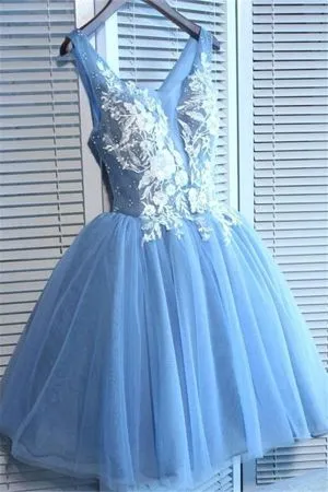 A-line V-neck Cap Sleeves Mini Tulle Cocktail Party Dress With Appliques