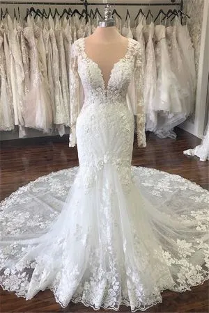 Mermaid V-neck Sweep / Brush Train Wedding Gown With Appliques