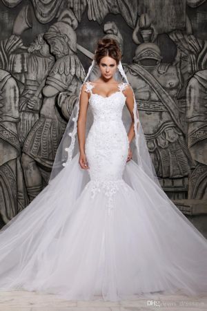 Mermaid Spaghetti Straps Sleeveless Court Train Tulle Wedding Dress With Appliques