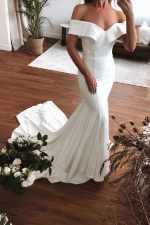 Column Off-the-shoulder Floor-length Satin Wedding Dress