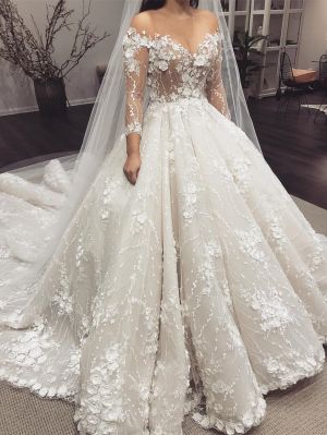 Jewel Neck Sweep / Brush Train Wedding Dress With Appliques