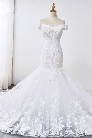 Mermaid Off-the-shoulder Sweetheart Neck Sleeveless Floor-length Tulle Bridal Attire With Beading