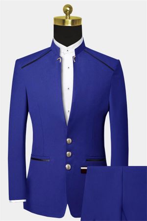 Business Blue Bespoke Two-Piece Suit with Mandarin Collar