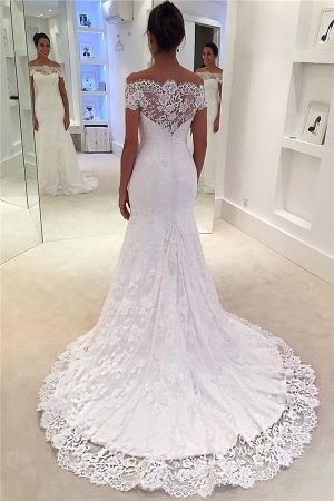 Column Off-the-shoulder Court Train Bridal Gown With Lace