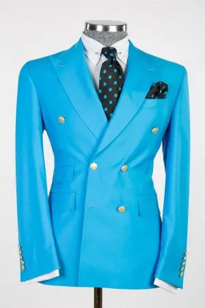 Men's Luxury Cyan Blue Double Breasted Suit with 5-Button Cuffs