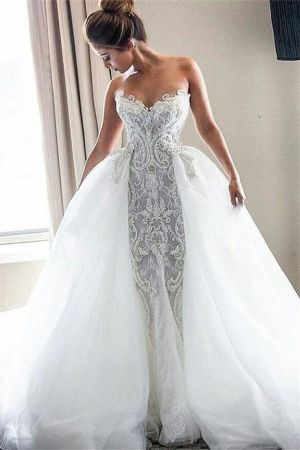 Column Strapless Sleeveless Court Train Tulle Wedding Gown With Lace