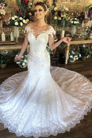 Mermaid Jewel Neck Cap Sleeves Chapel Train Lace Bridal Gown With Lace