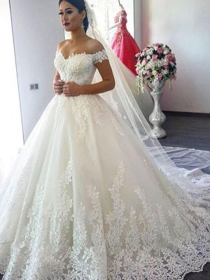 Ball Gown Off-the-shoulder Sleeveless Court Train Lace Bridal Gown With Lace