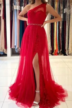Mermaid One Shoulder Sleeveless Floor-length Lace Evening Dress With Beading