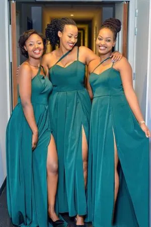 A-line Strapless Spaghetti Straps Sleeveless Floor-length Stretch Satin Bridesmaid Dress With Split Front