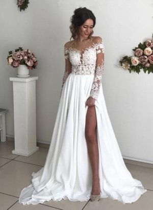 A-line Scoop Neck Long Sleeves Sweep / Brush Train 100D Chiffon Bridal Gown With Lace