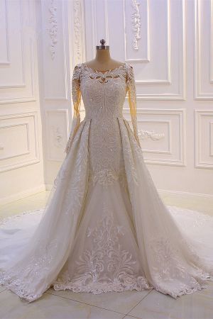 Mermaid Jewel Neck Long Sleeves Floor-length Tulle Bridal Dress With Beading