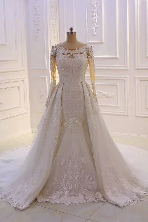 Mermaid Jewel Neck Long Sleeves Floor-length Tulle Bridal Dress With Beading