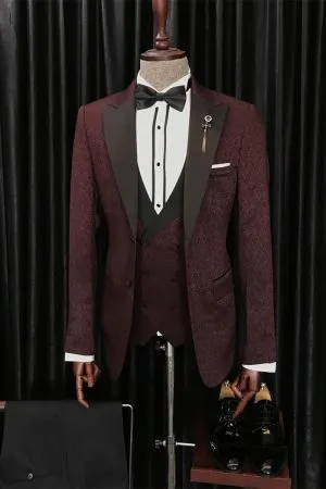 Burgundy Jacquard Wedding Men Suit