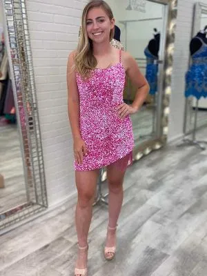 Column Spaghetti Straps Sleeveless Mini Cocktail Party Dress With Tassels