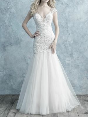 Mermaid V-neck Cap Sleeves Sweep / Brush Train Tulle Wedding Gown With Beading
