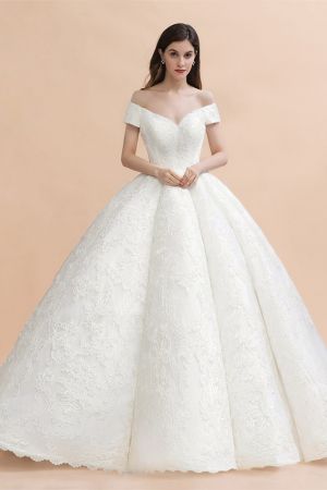 Ball Gown Off-the-shoulder Cap Sleeves Chapel Train Tulle Wedding Gown With Appliques