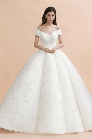 Ball Gown Off-the-shoulder Cap Sleeves Chapel Train Tulle Wedding Gown With Appliques