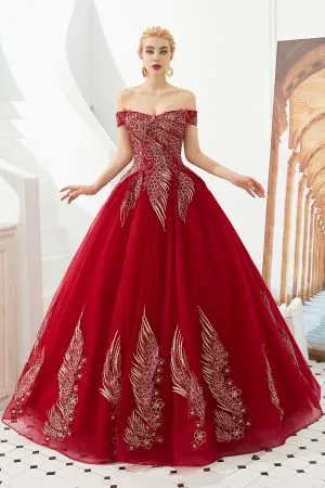 Ball Gown Off-the-shoulder Cap Sleeves Sweep / Brush Train Tulle Formal Dress With Beading