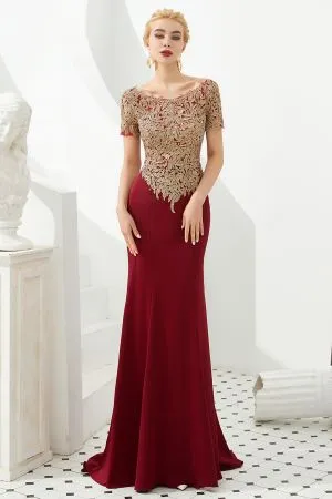 Seraphina Gold Lace Appliques Crepe Mermaid Gala Dress