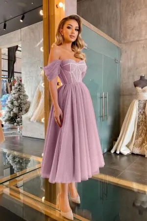 A-line Off-the-shoulder Cap Sleeves Ankle-length 100D Chiffon Cocktail Party Dress With Sequins