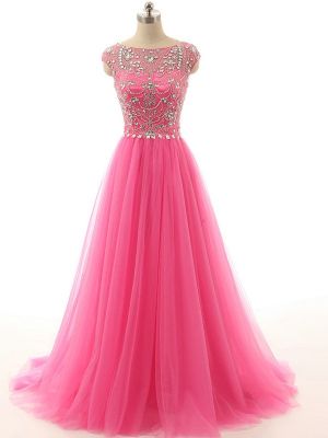 A-line Sleeveless Sweep / Brush Train Tulle Evening Dress With Beading
