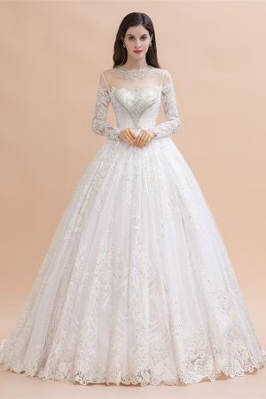 A-line Jewel Neck Long Sleeves Court Train Tulle Wedding Gown With Beading