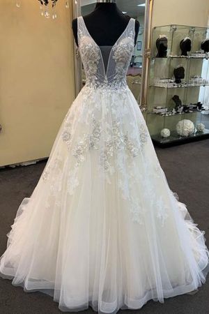 A-line V-neck Sleeveless Floor-length Tulle Bridal Dress With Lace