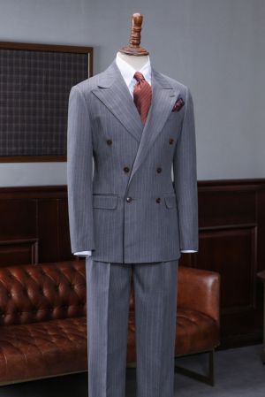Gray Striped Peaked Lapel Double Breasted Custom Suit For Business