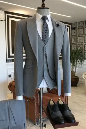 Gray Bespoke Business Suit with Peaked Lapel