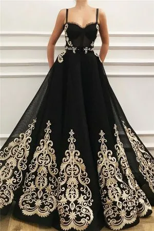 A-line Straps Sweetheart Neck Sleeveless Floor-length Tulle Formal Wear With Appliques