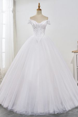 Ball Gown Off-the-shoulder Sweetheart Neck Sleeveless Floor-length Tulle Bridal Dress With Ruffles