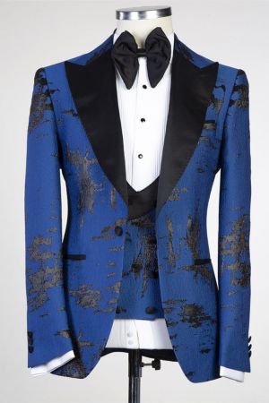 Royal Blue Patterns Peaked Lapel Bespoke Men Suit