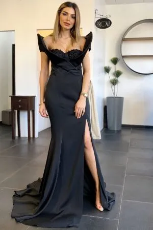 Mermaid Off-the-shoulder Sleeveless Floor-length Satin Evening Dress With Beading
