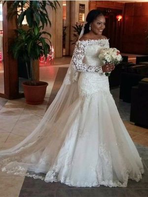 Mermaid Off-the-shoulder Long Sleeves Floor-length Lace Bridal Attire