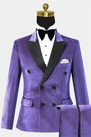 Purple Double Breasted Velvet Prom Suit with Peaked Lapel