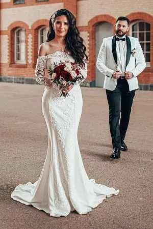 Mermaid Off-the-shoulder Long Sleeves Chapel Train Satin Bridal Gown With Lace