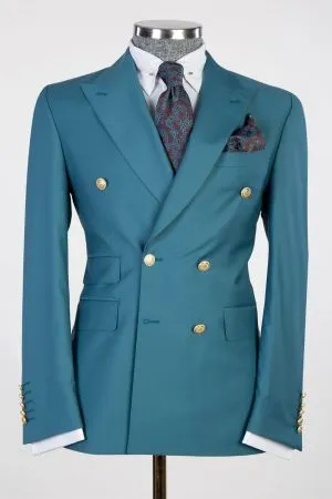 Steel Blue Double Breasted Wool Blend Suit with Gold Buttons