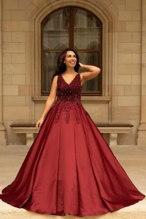 A-line V-neck Long Sleeves Court Train Satin Wedding Gown With Lace