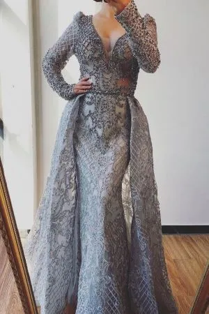 A-line Jewel Neck Long Sleeves Floor-length Lace Evening Gown With Ruffles