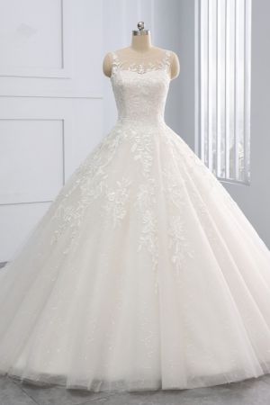 Ball Gown Jewel Neck Sleeveless Floor-length Tulle Bridal Dress With Sequins