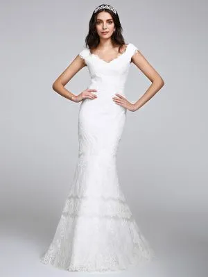Mermaid V-neck Cap Sleeves Floor-length Tulle Bridal Attire With Lace