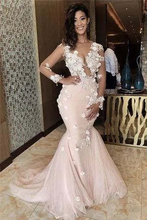 Mermaid V-neck Long Sleeves Floor-length Formal Dress With Appliques