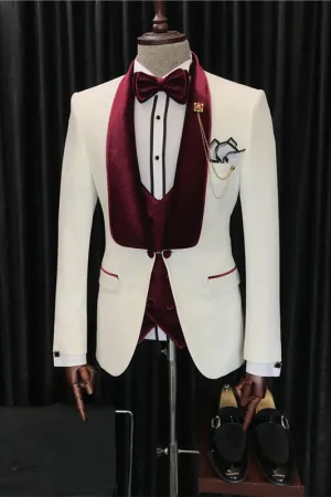 Ivory and Burgundy Velvet Shawl Lapel Slim Fit 3-Piece Tuxedo Suit